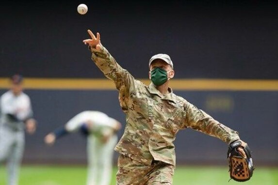 Lt. Gen. Daniel L. Karbler, commanding general of the U.S. Army Space and Missile Defense Command, throws out the ceremonial first pitch during the Milwaukee Brewers Military Appreciation Night game against the Detroit Tigers, May 31. The Brewers won the game 3-2 in the 10th inning. (Courtesy photo)