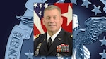 Army lieutenant general with flag in the background against DLA logo.