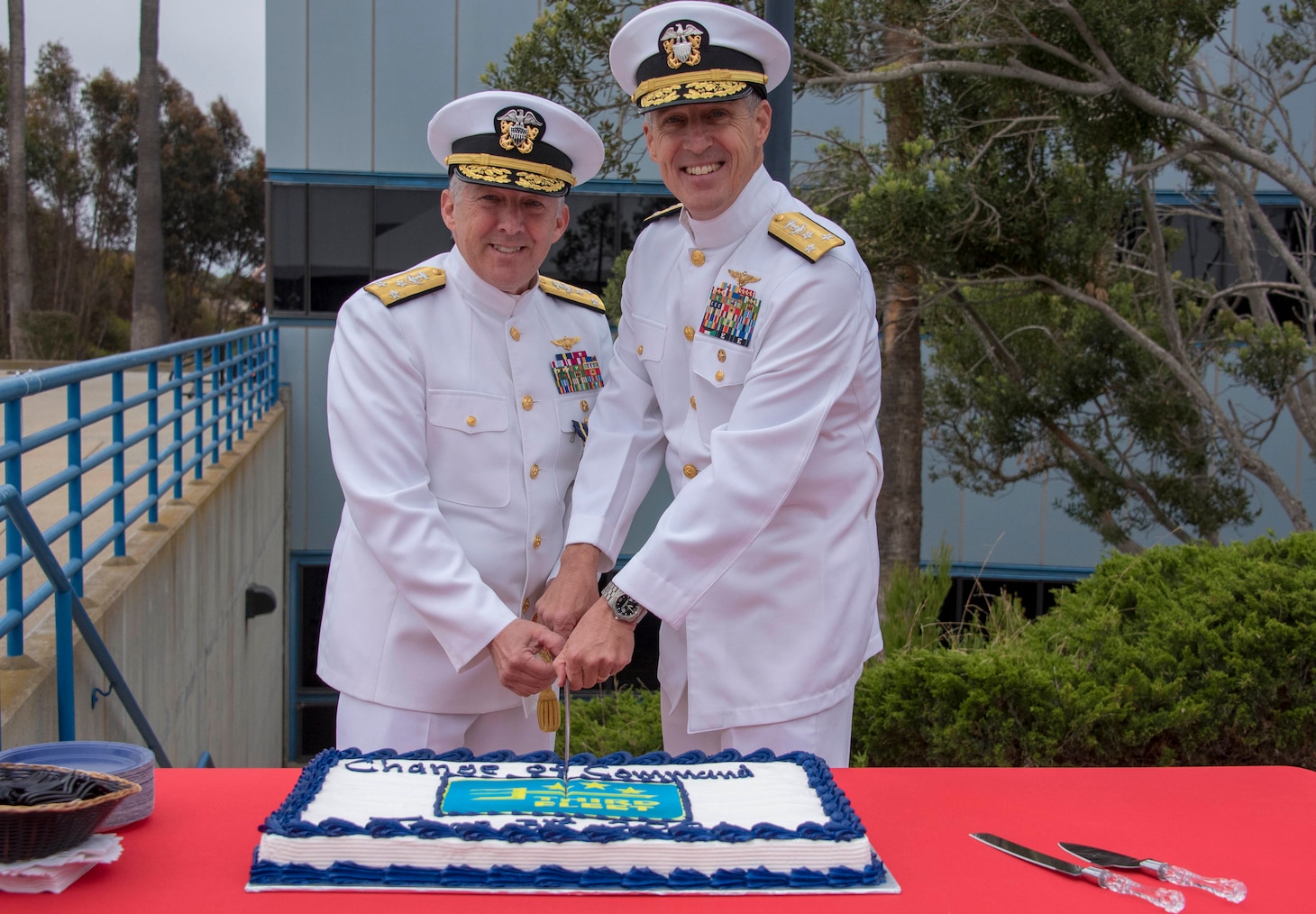 SAN DIEGO (June 3, 2021) Vice Adm. Stephen T. Koehler, right, commander, U.S. 3rd Fleet, and Vice Adm. Scott D. Conn cut a cake after their change of command ceremony on Naval Base Point Loma, June 3. Koehler relieved Conn as Commander, U.S. 3rd Fleet. (U.S. Navy photo by Mass Communication Specialist 2nd Class Jessica Hale)