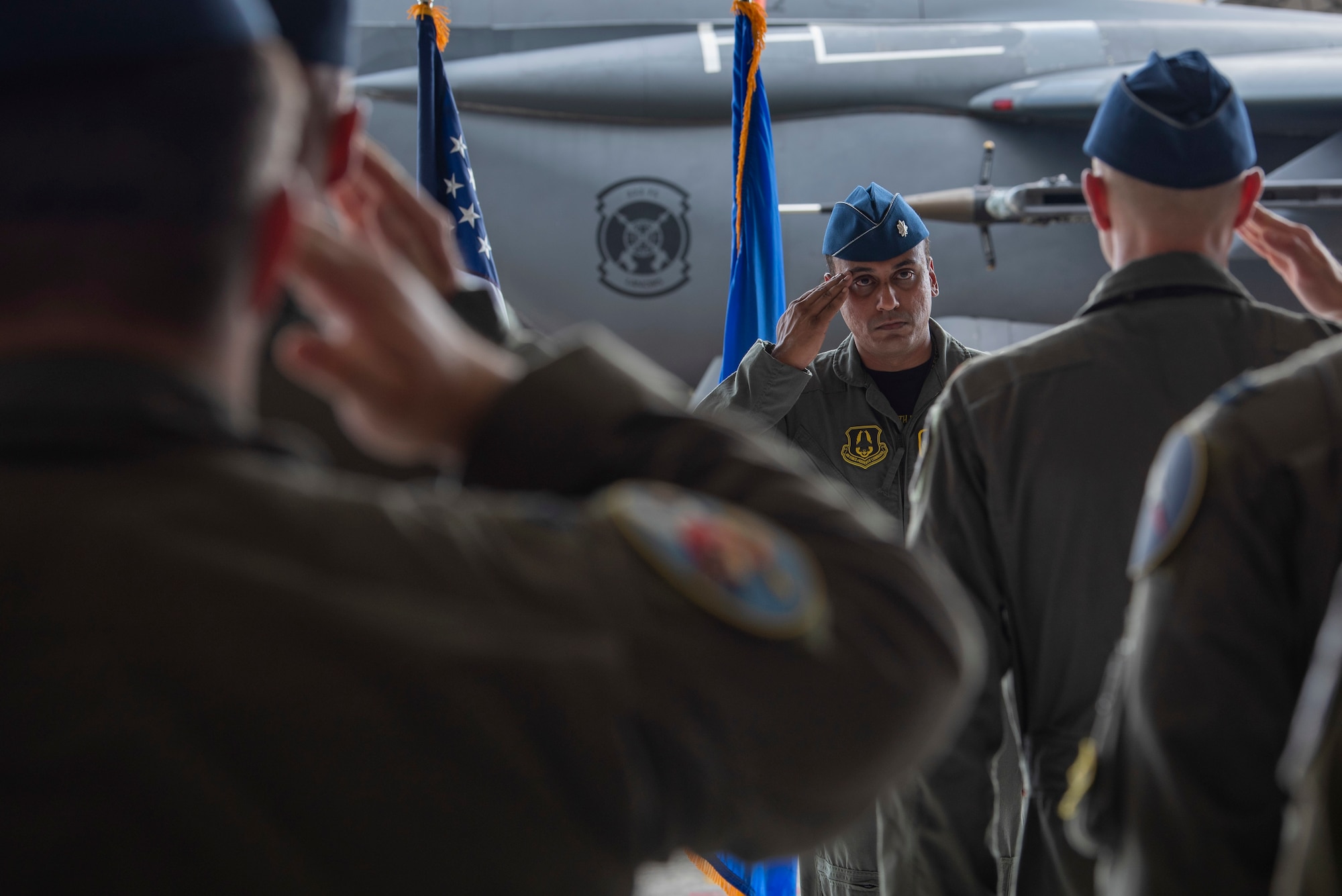 Lt. Col. Sriram Krishnan, incoming 307th Fighter Squadron commander, gives first salute to the squadron during the 307th FS change of command ceremony at Seymour Johnson Air Force Base, North Carolina, June 11, 2021.