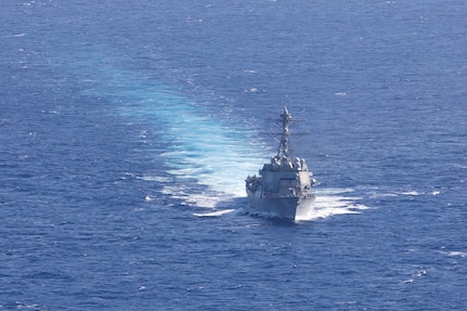 PACIFIC OCEAN (June 12, 2021) Arleigh Burke-class guided-missile destroyer USS Michael Murphy (DDG 112) transits the Pacific during operations with Legend-class cutter USCGC Midgett (WMSL 757). Michael Murphy and Midgett are conducting integrated operations in support of the Tri-Service Maritime Strategy in U.S. 3rd Fleet area of operations.