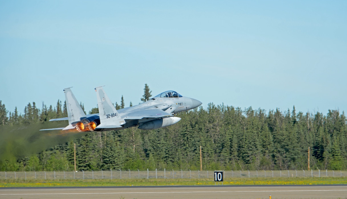 A Koku Jieitai (Japan Air Self-Defense Force) F-15J Eagle takes off during RED FLAG-Alaska 21-2 on Eielson Air Force Base, Alaska, June 14, 2021.