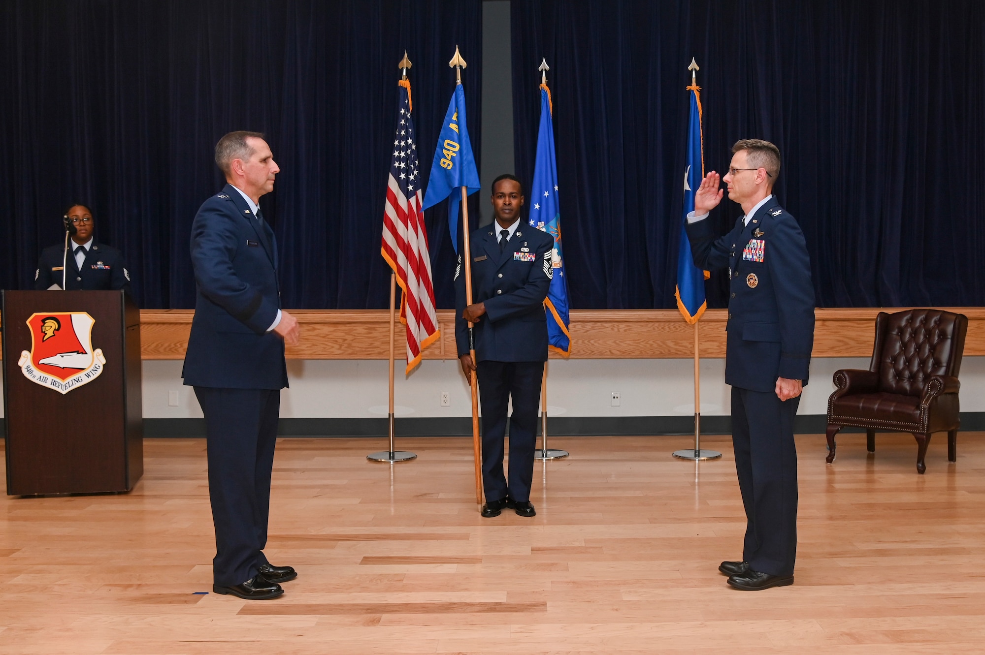 Col. Jeffrey Downs relinquishes command of the 940th Air Refueling Wing June 12, 2021, at Beale Air Force Base, California.
