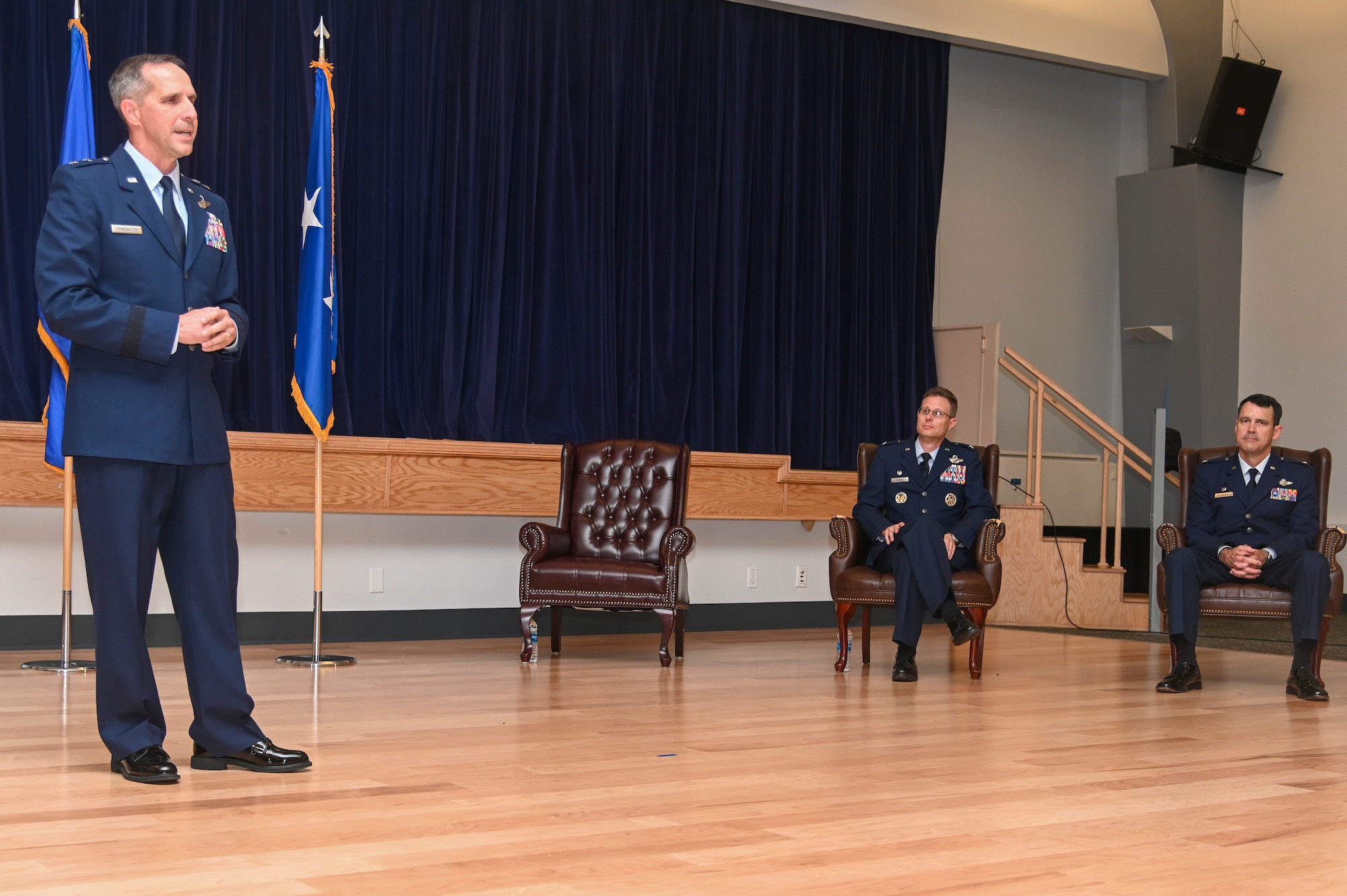 Maj. Gen. Jeffrey Pennington, Fourth Air Force commander from March Air Reserve Base, California, speaks during a change of command ceremony June 12, 2021, at Beale Air Force Base, California.