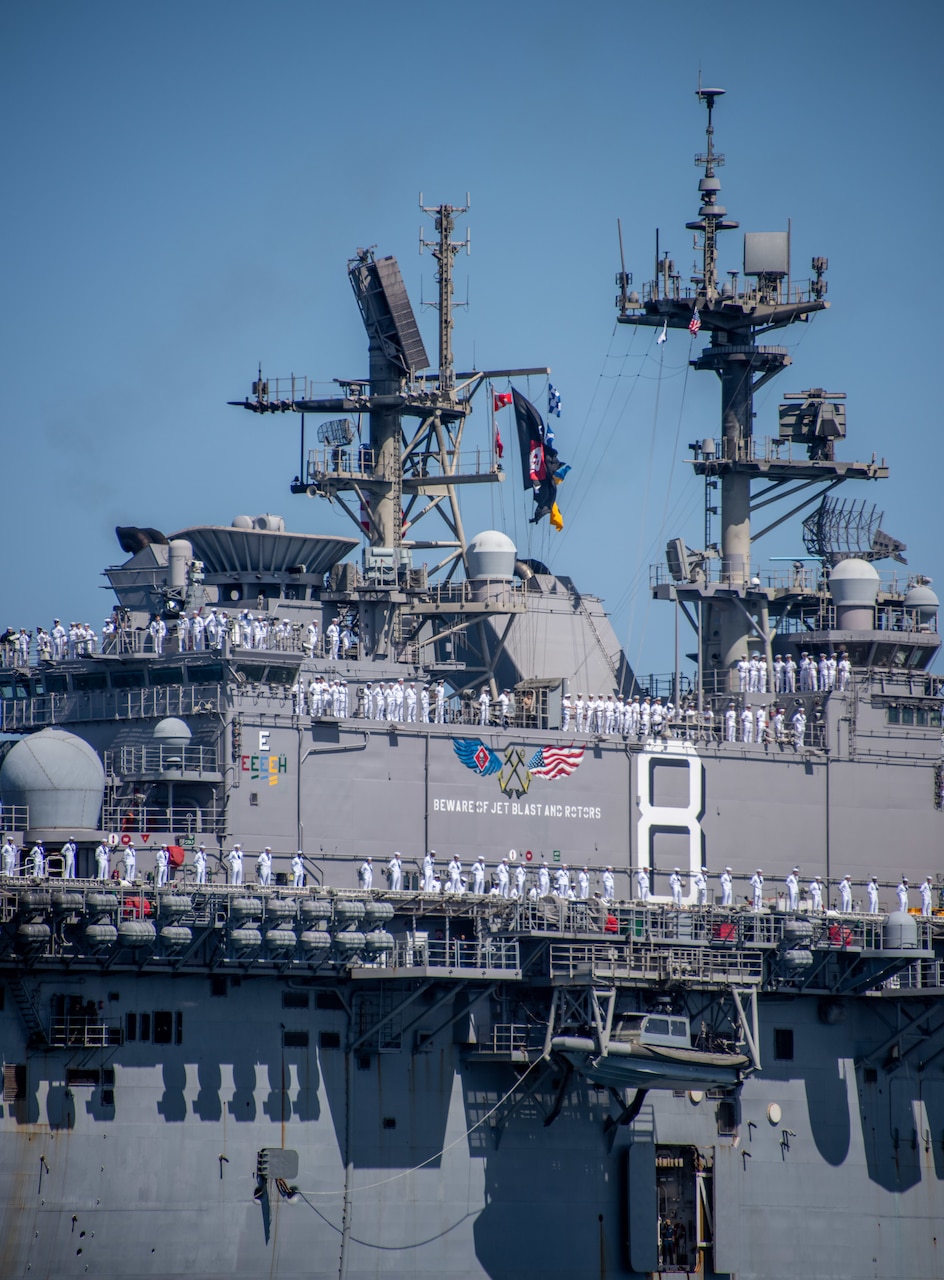 SAN DIEGO (May 23, 2021) Amphibious assault ship USS Makin Island (LHD 8) returns to Naval Base San Diego. Makin Island, lead ship of the Makin Island Amphibious Ready Group, returned to Naval Base San Diego May 23 after a deployment to U.S. 3rd, 5th, 6th and 7th Fleets where they served as a crisis-response force for combatant commanders in the Africa, Central and Indo-Pacific Commands. (U.S. Navy photo by Mass Communication Specialist 2nd Class Natalie M. Byers)