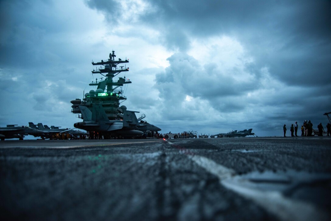 A view from the ground up of the USS Ronald Reagan aircraft carrier.