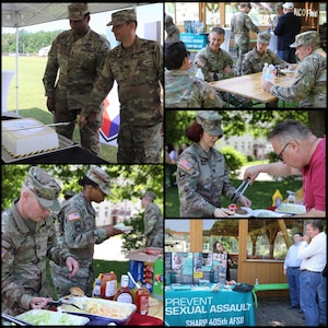 The 405th AFSB headquarters celebrated Army Heritage Month and 246 years of U.S. Army excellence at NCO Field on Daenner Kaserne in Kaiserslautern, Germany, June 11. The brigade commander, Col. Brad Bane, and one of operations noncommissioned officers, Staff Sgt. James Braxton, cut the ceremonial cake. A special barbeque meal was prepared for all the Soldiers, Army civilians, local national employees and their families who attended, and everyone seemed to really enjoy the food and the event.