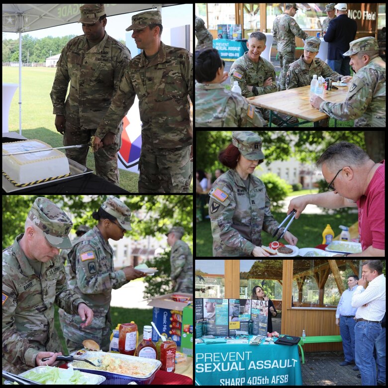 The 405th AFSB headquarters celebrated Army Heritage Month and 246 years of U.S. Army excellence at NCO Field on Daenner Kaserne in Kaiserslautern, Germany, June 11. The brigade commander, Col. Brad Bane, and one of operations noncommissioned officers, Staff Sgt. James Braxton, cut the ceremonial cake. A special barbeque meal was prepared for all the Soldiers, Army civilians, local national employees and their families who attended, and everyone seemed to really enjoy the food and the event.