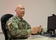 Col. Alexandre F. Migala, commander of Medical Support Unit Europe and deputy commanding officer of the 3rd Medical Command (Deployment Support) explains the mission of standing up a Theater Medical Command during Defender Europe 21 at Daenner Kaserne in Kaiserslautern, Germany June 11, 2021. Defender Europe 21 is an annual large-scale U.S. Army Europe and Africa-led joint, multinational exercise designed to build readiness and interoperability between U.S., NATO and partner militaries.  (U.S. Army photo by Sgt. Christopher Stelter)
