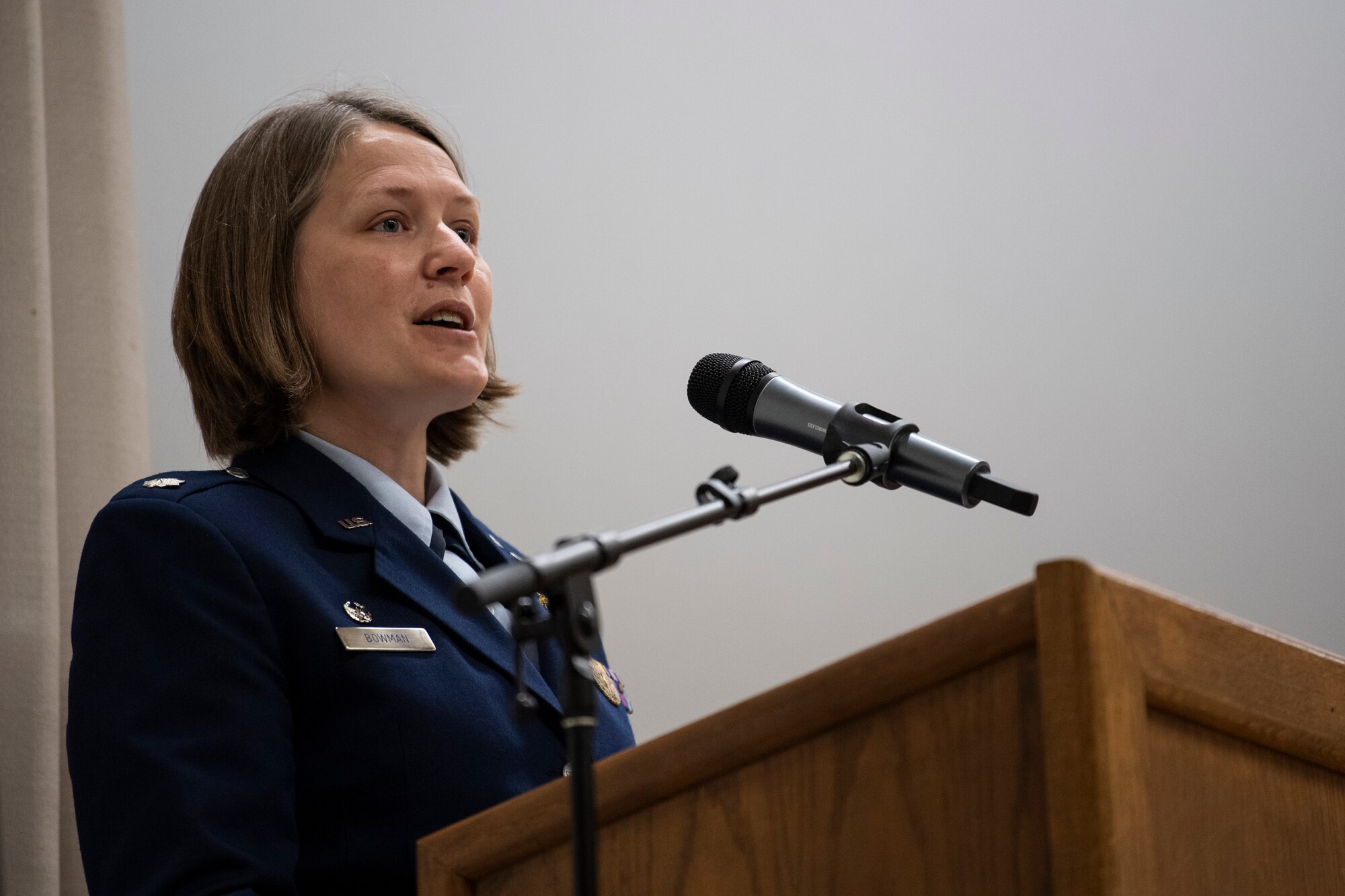 U.S. Air Force Lt. Col. Elizabeth Bowman, former 52nd Dental Squadron commander, speaks during the dental squadron’s deactivation ceremony.