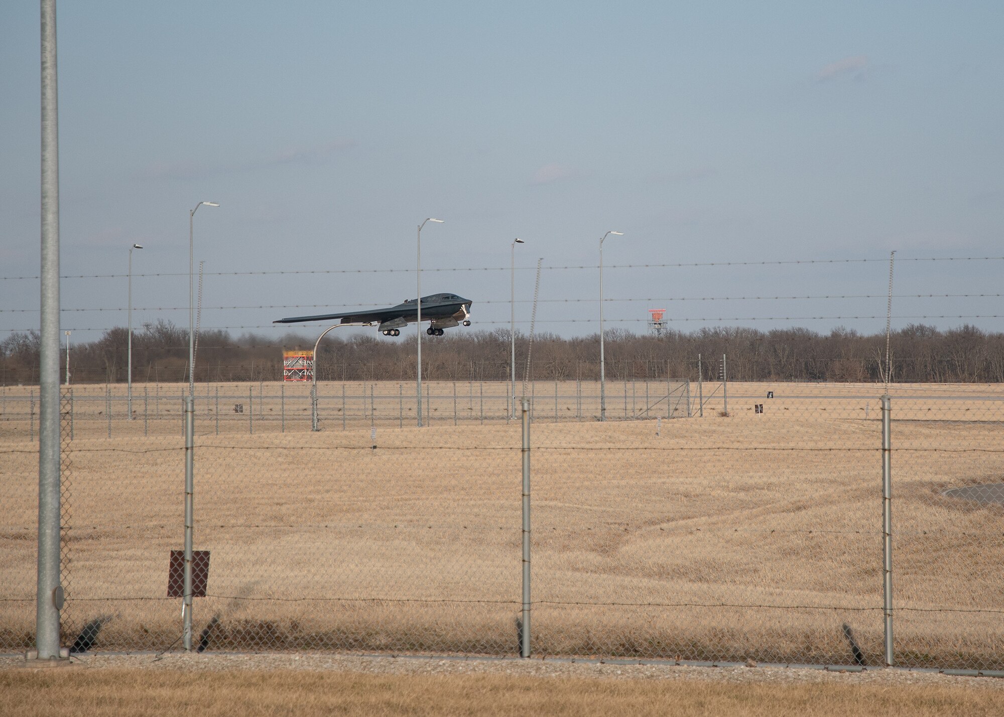 A B-2 Spirit stealth bomber takes off from the runway at Whiteman Air Force Base, Missouri, March 6, 2021.