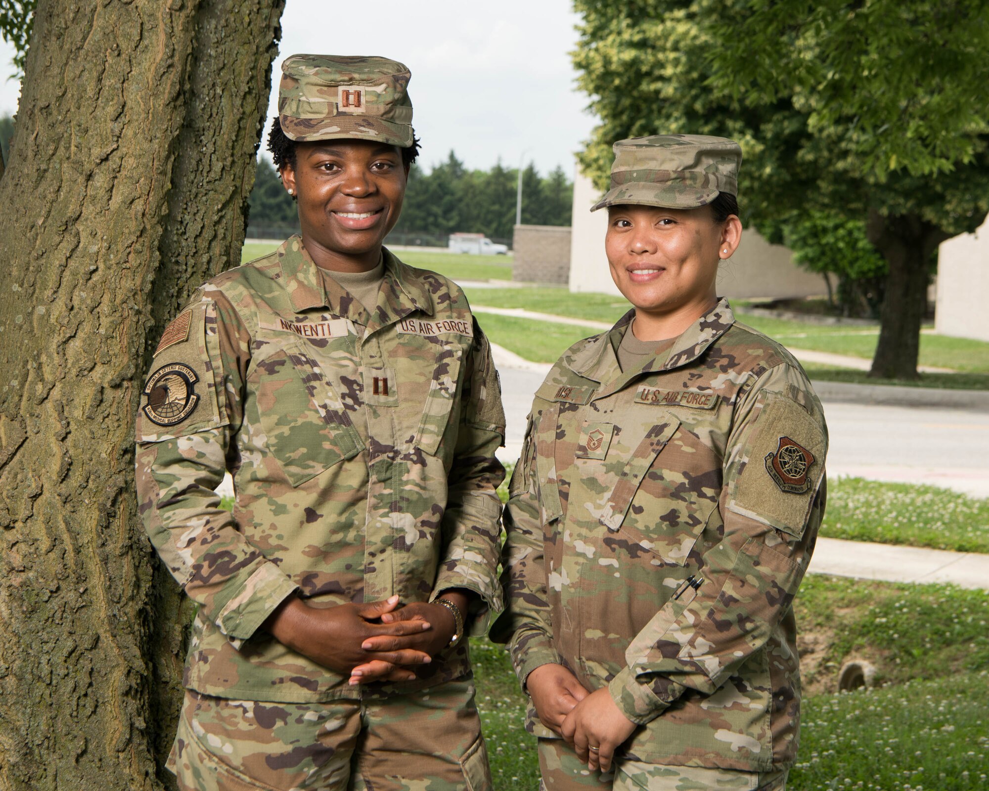 Capt. Lindamira Nkwenti, 436th Medical Support Squadron resource management flight commander, and Master Sgt. Jaerynne Rose, 436th Airlift Wing commander's action group superintendent, installation project officers for the 2021 Air Force Assistance Fund campaign, Dover Air Force Base, Delaware, June 9, 2021. Dover placed first in Air Mobility Command for active duty participation and 10th Air Force wide. (U.S. Air Force photo by Mauricio Campino)