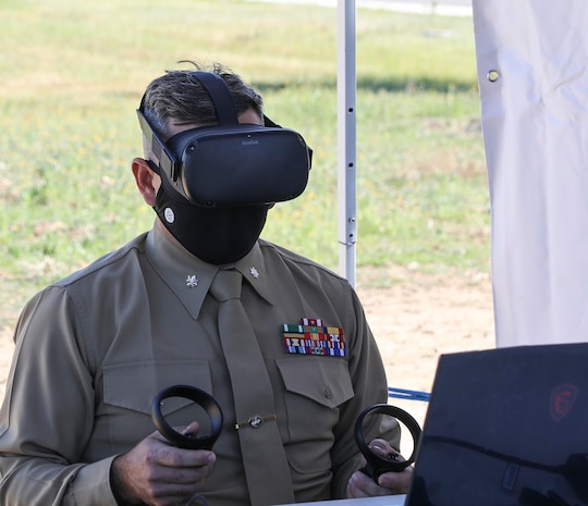 NORCO, Calif. (March 2, 2021) Lt. Col. Brandon Newell of Marine Corps Installations West flies a drone during a 5G Demo Day flight test event at Norco College. The Navy's Inland Empire Tech Bridge, anchored by Naval Surface Warfare Center Corona Division, networked with the college to host the event, during which startup company vRotors demonstrated their respective technologies for the Marine Corps through a National Security Innovation Network (NSIN) 5G Starts prize challenge.