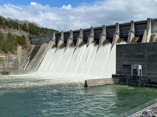 Center Hill Dam on the Caney Fork River in Lancaster, Tenn., discharges water from its spillways April 8, 2021. (USACE Photo by Lee Roberts)