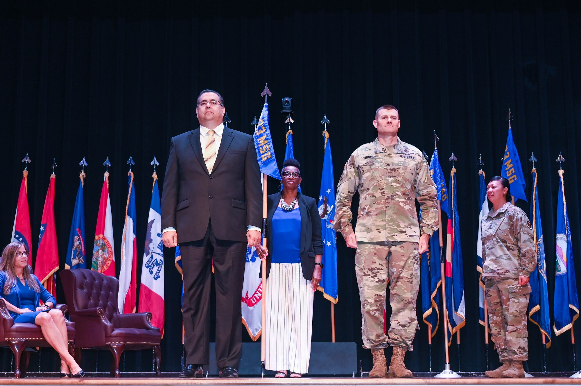 Jeffrey Romero, 733rd Logistic Readiness Squadron director, and U.S. Army Col. Chesley Thigpen, 733rd Mission Support Group commander, pose for a picture at Joint-Base Langley-Eustis, Virginia, June 15, 2021. During a 733rd Squadron Activation ceremony, the 733rd LRS was officially activated to provide streamlined support for mission partners at JBLE.  (U.S. Air Force photo by Senior Airman John Foister)