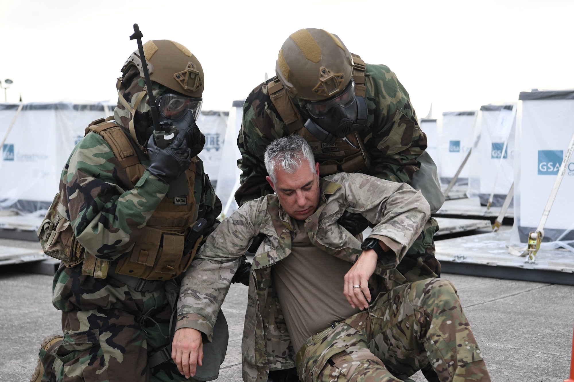 Airmen to the 821st Contingency Response Group respond to a chemical attack scenario during Exercise Turbo Distribution at Cecil Airport, Fla., Feb. 20, 2019. The 621st Contingency Response Wing added an emergency management unit type code consisting of 12 emergency managers, after Air Mobility Command observed an increased need for emergency management capabilities. (U.S. Air Force photo by Tech. Sgt. Luther Mitchell Jr.)