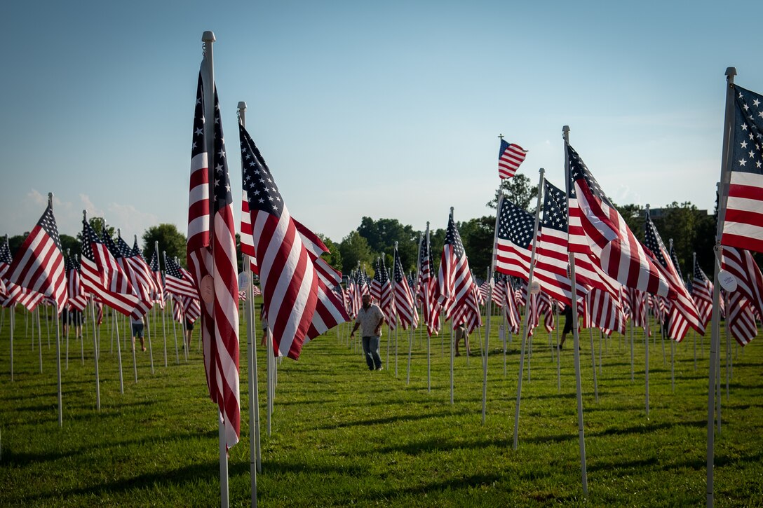 American flags wave in a field during the Flags for Heroes event in Clayton, North Carolina, June 14, 2021. The weeklong event, hosted by the Clayton Rotary Club, honored more than 1,000 Veterans, first-responders and healthcare workers. (U.S. Air Force photos by Airman 1st Class David Lynn)