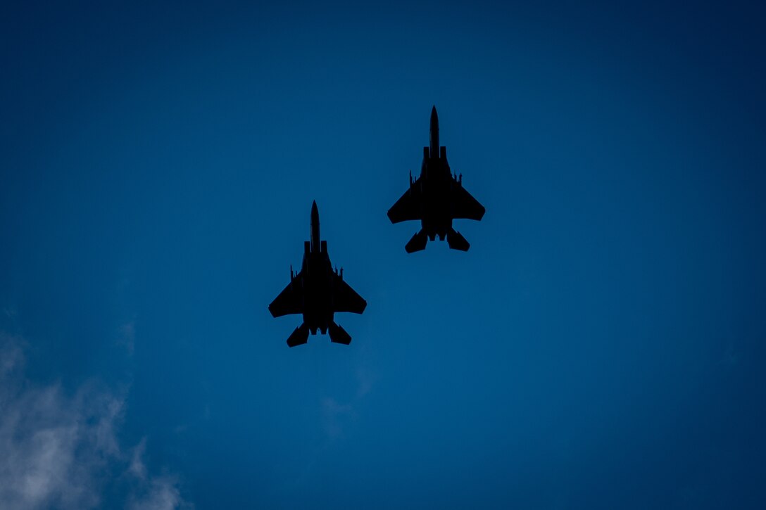 F-15E Strike Eagles from the 4th Fighter Wing perform a flyover above the Flags for Heroes event in Clayton, North Carolina, June 14, 2021. The weeklong event, hosted by the Clayton Rotary Club, honored more than 1,000 Veterans, first-responders and healthcare workers. (U.S. Air Force photo by Airman 1st Class David Lynn)