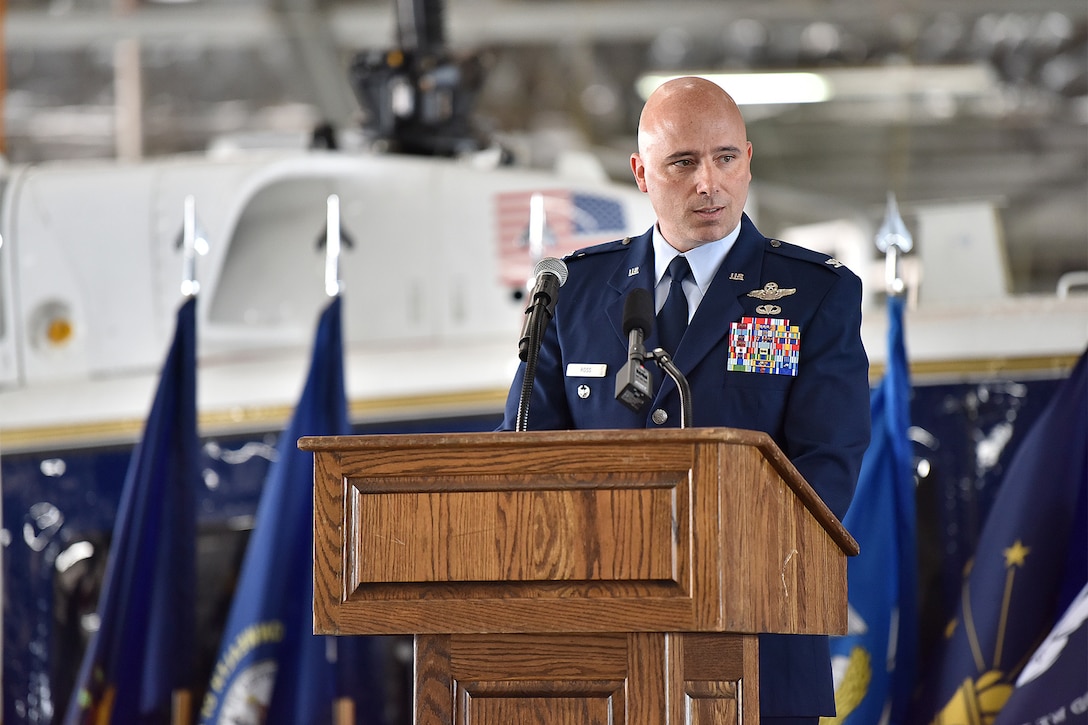 Col. John Ross, 316th Operations Group commander, speaks during the 316th Operations Group change of command ceremony, June 10, 2021, at Joint Base Andrews, Md. A change of command is a military tradition that represents a formal transfer of authority and responsibility for a unit from one commander to another. (U.S. Air Force photo by Senior Airman Daniel Brosam)