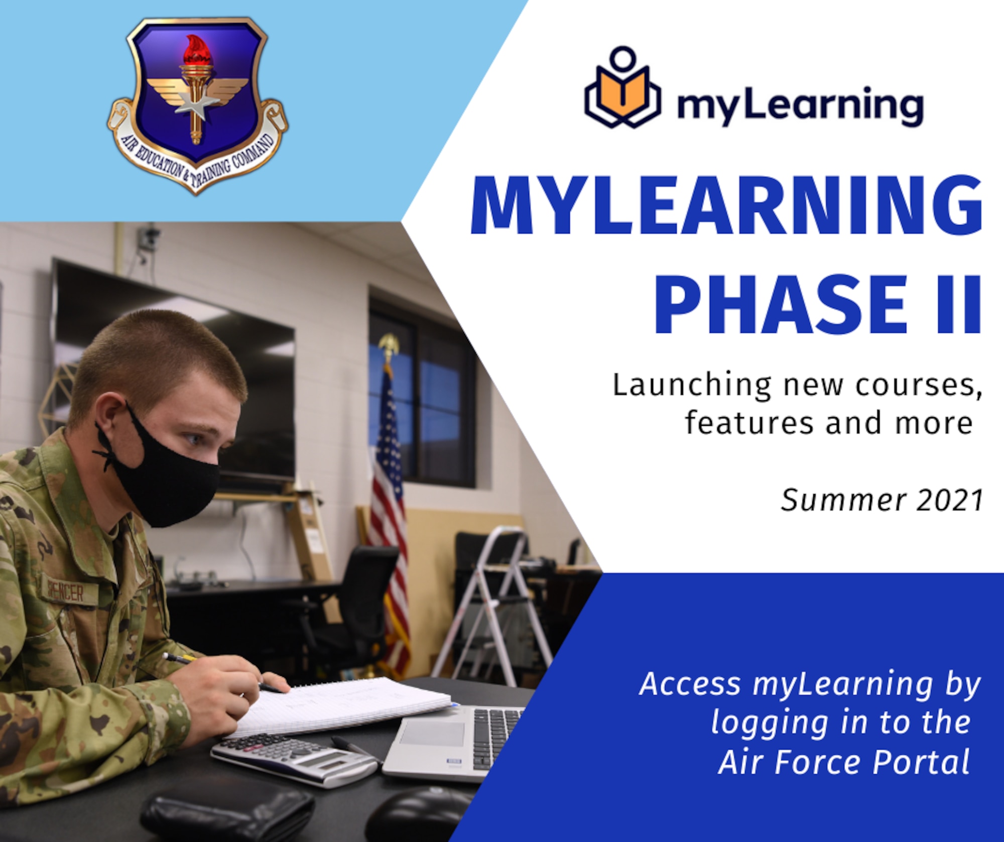 Airman at table on graphic announcing myLearning phase II