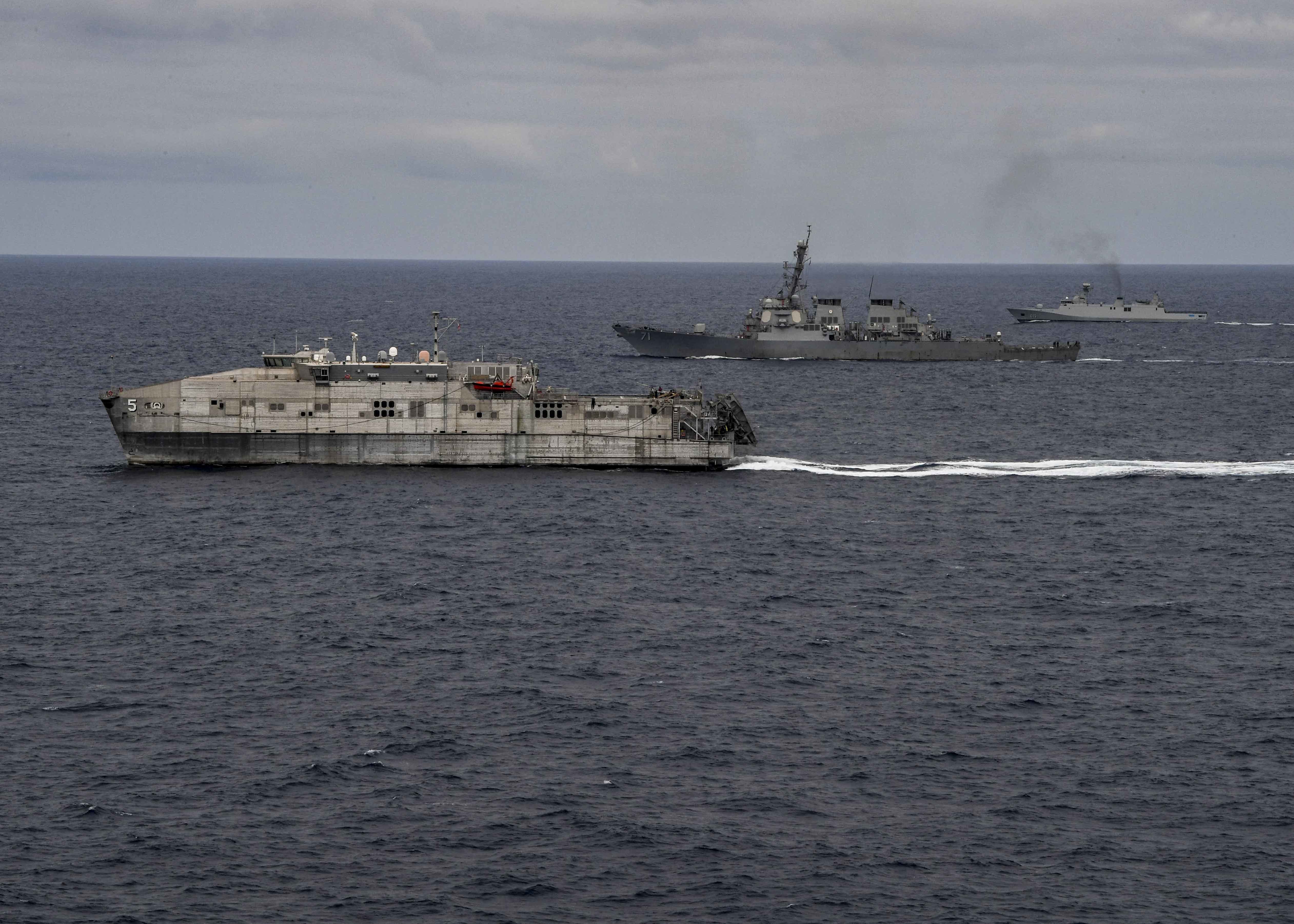 USNS Trenton (T-EPF-5), USS Ross (DDG 71), and the Moroccan navy Sigma class frigate Allal Ben Abdellah (615), sail in formation to kick off exercise African Lion 2021.