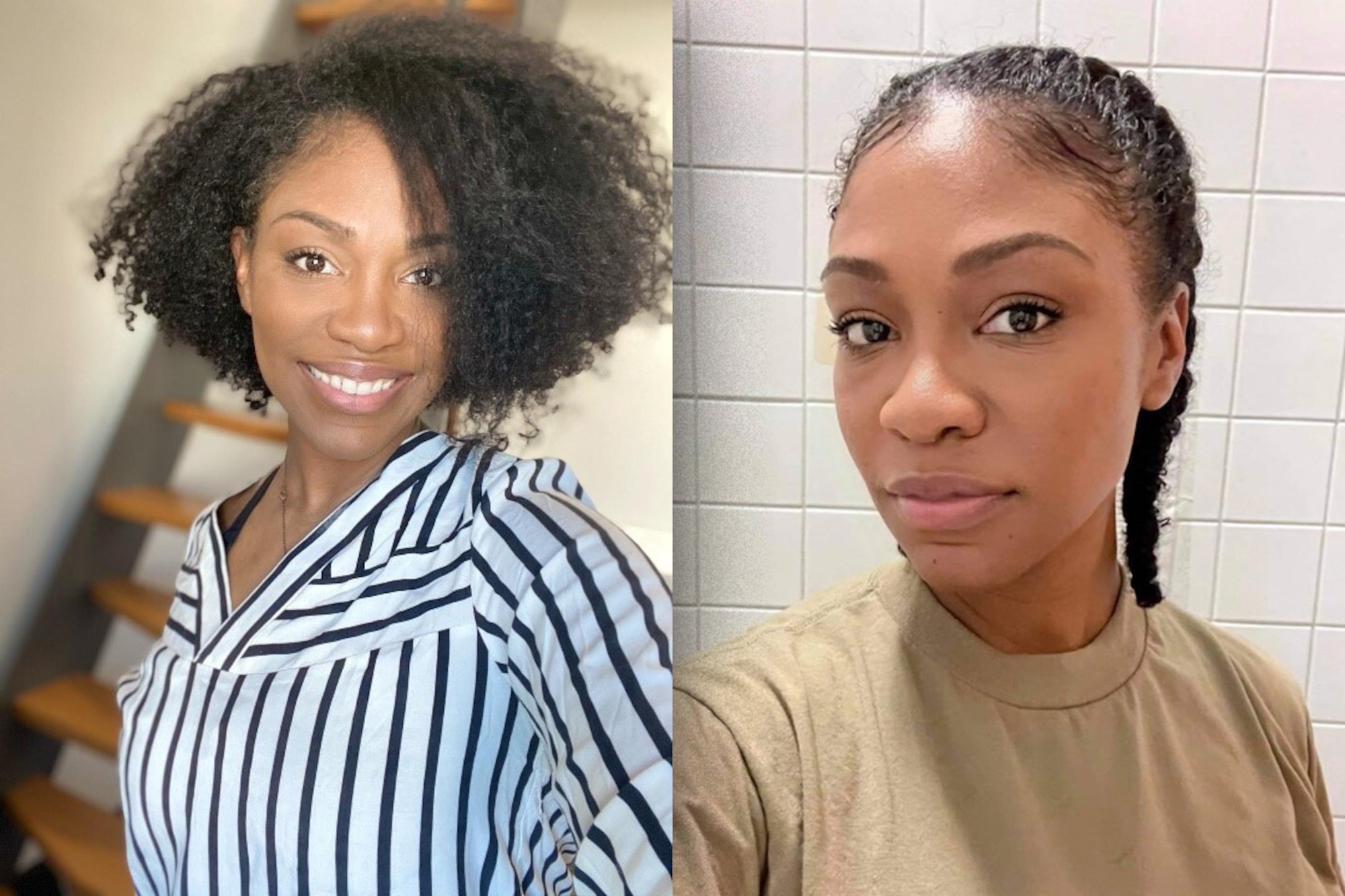 Images of Tech. Sgt. Shannon Moore with her hair down and next to another one of her in a ponytail.