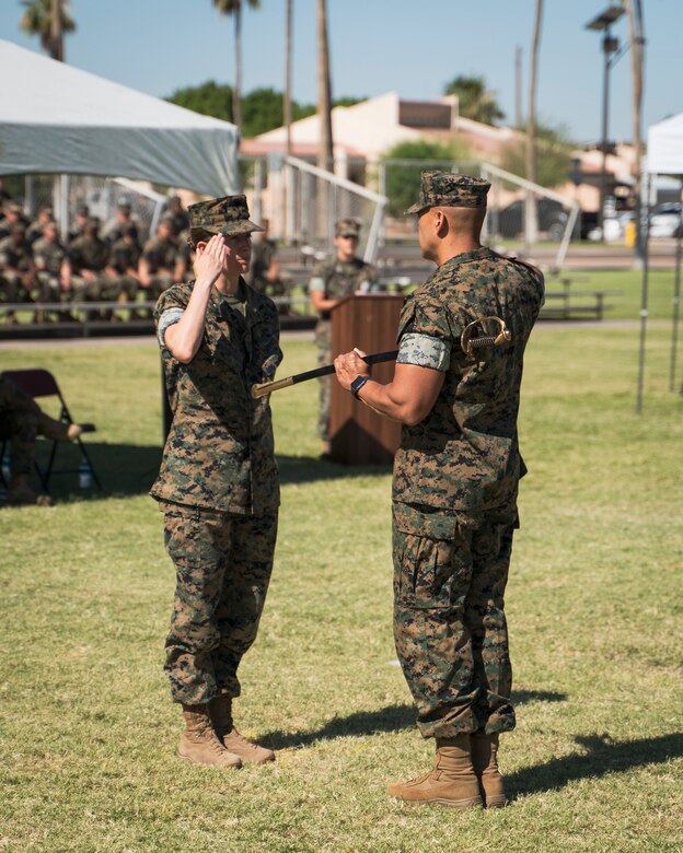 U.S. Marine Corps Sgt. Maj. George Hernandez salutes Lt. Col. Andrea Goeman during a post and relief ceremony on Marine Corps Air Station Yuma, Ariz., June 11, 2021. Sgt. Maj. Hernandez was relieved from his duty as Marine Air Control Squadron 1 sergeant major by Master Gunnery Sgt. Leon Harpel. (U.S. Marine Corps photo by Lance Cpl. Carlos Kealy)