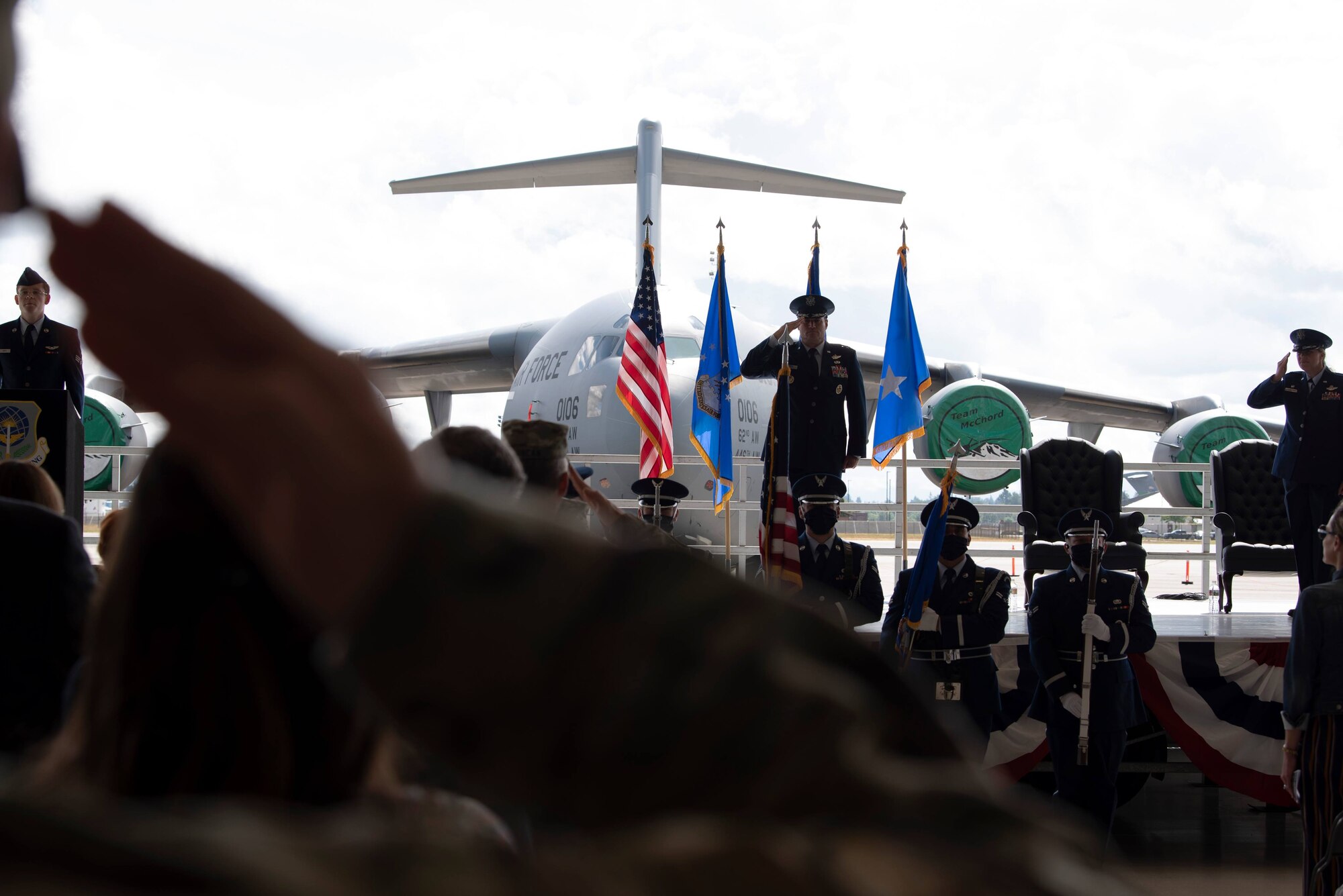 U.S. Air Force Maj. Gen. Kenneth T. Bibb Jr., 18th Air Force commander, presides over the 62nd Airlift Wing’s change of command ceremony at Joint Base Lewis-McChord, Washington, June 15, 2021. The 62nd AW’s mission is to execute global airlift, prepare for the demands of multi-domain operations in near-peer contested environments, and continually ensure force development. (U.S. Air Force photo by Senior Airman Zoe Thacker)