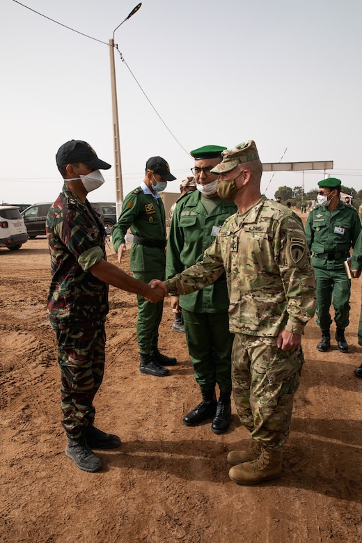 U.S. Army Gen. Christopher G. Cavoli, the U.S. Army Europe and Africa commanding general, and Belkheir El Farouk, the Commander of Moroccan Southern Zone vist Tifnit Training Area, Morocco, June 9, 2021.
