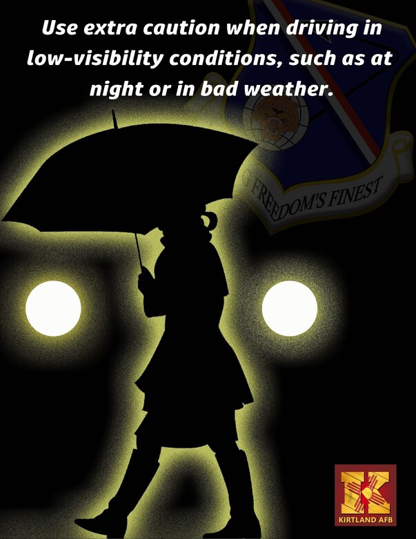 Graphic of female pedestrian holding an umbrella at night.