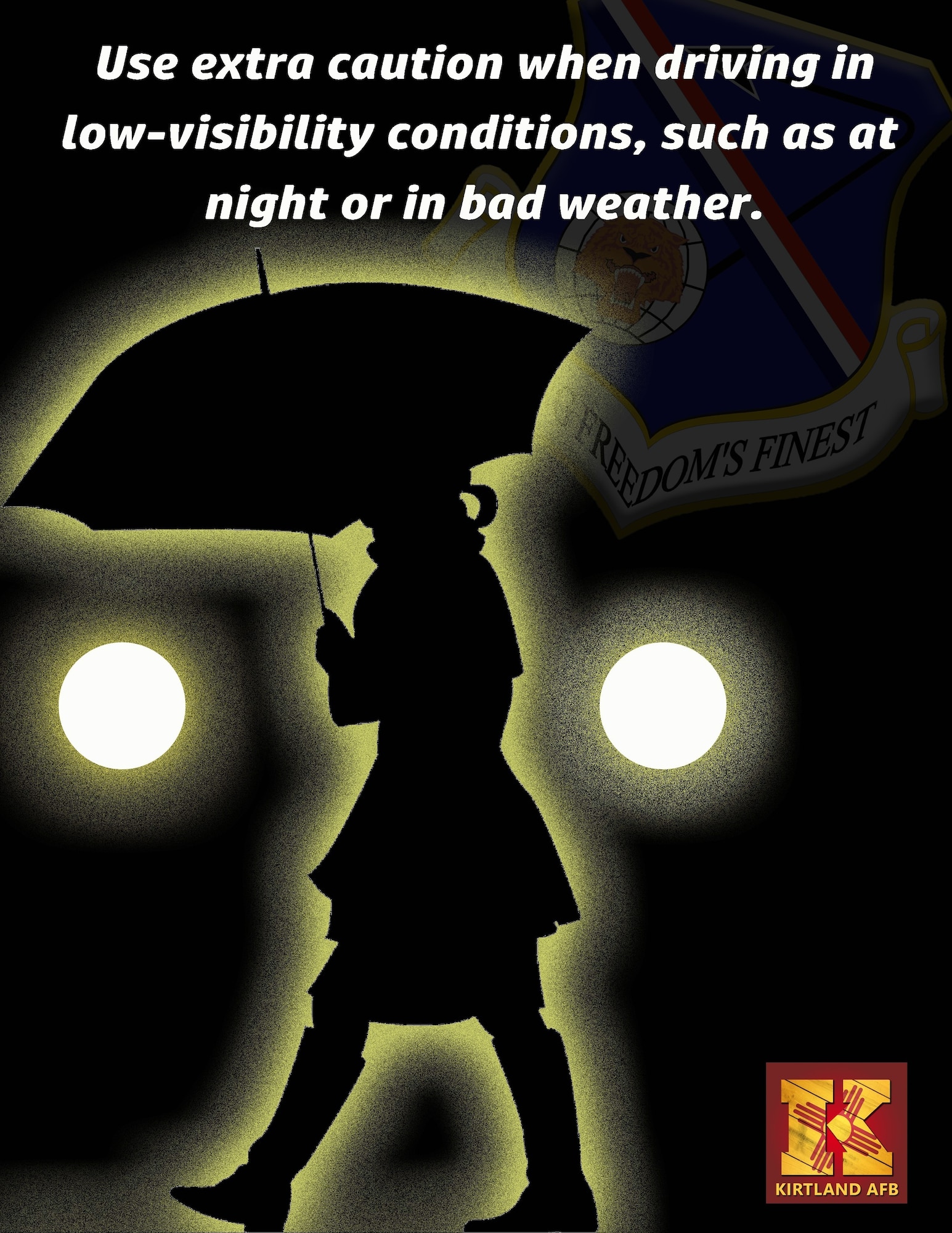 Graphic of female pedestrian holding an umbrella at night.