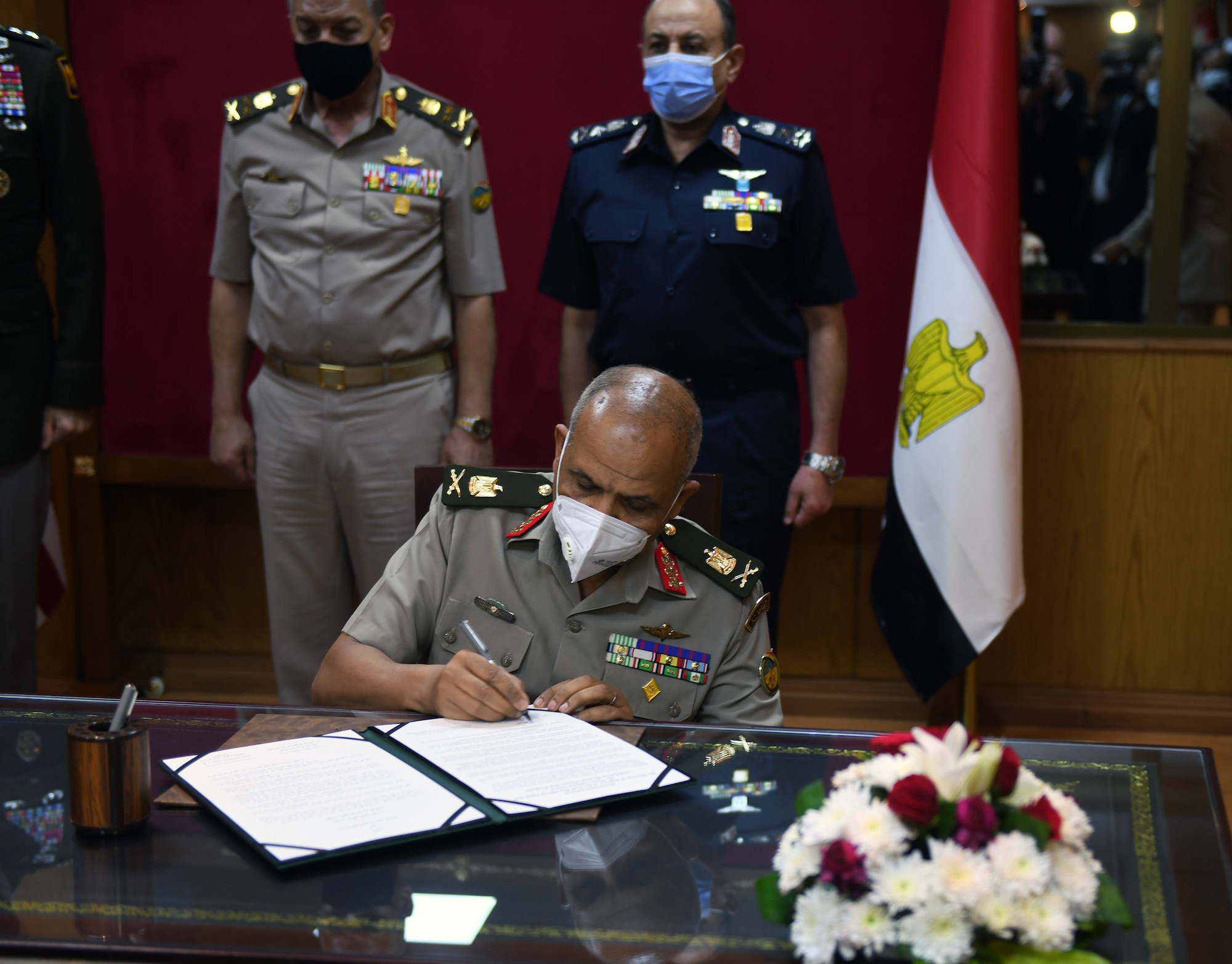 The Arab Republic of Egypt’s Assistant Minister of Defense for International Affairs, Maj. Gen. Mohamed Salah signs a document formalizing the pairing of Egypt and the Texas National Guard in the Department of Defense National Guard State Partnership Program, Cairo, Egypt, June 14, 2021.