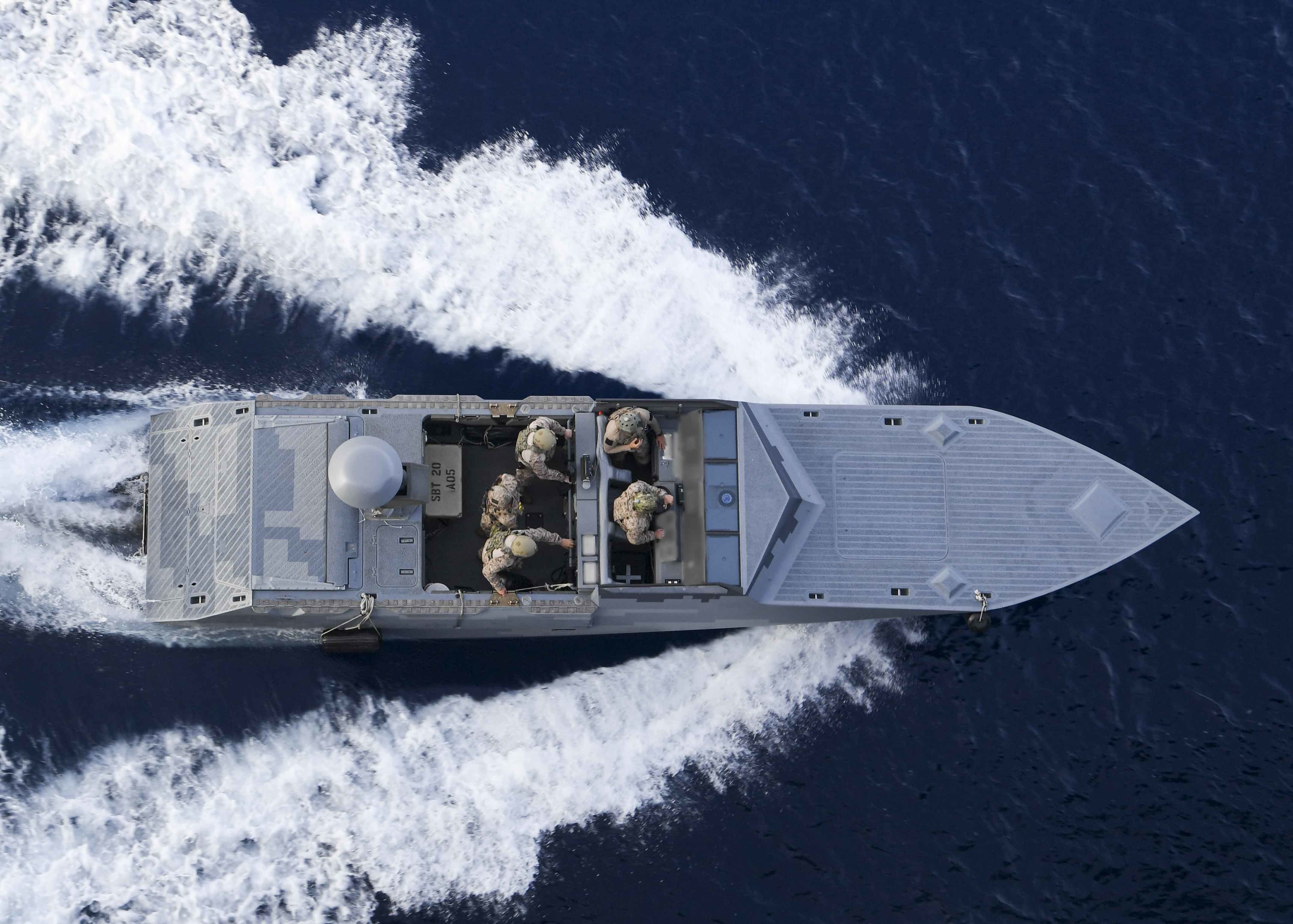 A combatant craft assault craft assigned to Special Boat Team twenty steams alongside the Expeditionary Sea Base USS Hershel "Woody" Williams (ESB 4) in the Mediterranean Sea, May 26.