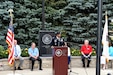 Lt. Col. Keith A. Cowan, 3rd Battalion, 335 Infantry Regiment, 85th U.S. Army Reserve Support Command, delivers remarks during the Village of Buffalo Grove Flag Day commemoration, June 14, 2021.