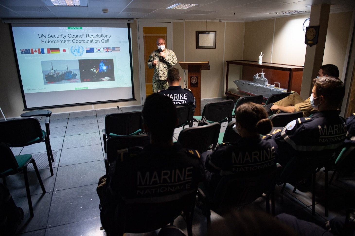 U.S. 7th Fleet's Enforcement Coordination Cell (ECC) director, Capt. James J. Mehail, provides a lecture to midships aboard FS Tonnerre (L9014). As the U.S. Navy's largest forward-deployed fleet, 7th Fleet employs 50-70 ships and submarines across the Western Pacific and Indian oceans. U.S. 7th Fleet routinely operates and interacts with 35 maritime nations while conducting missions to preserve and protect a free and open Indo-Pacific Region.