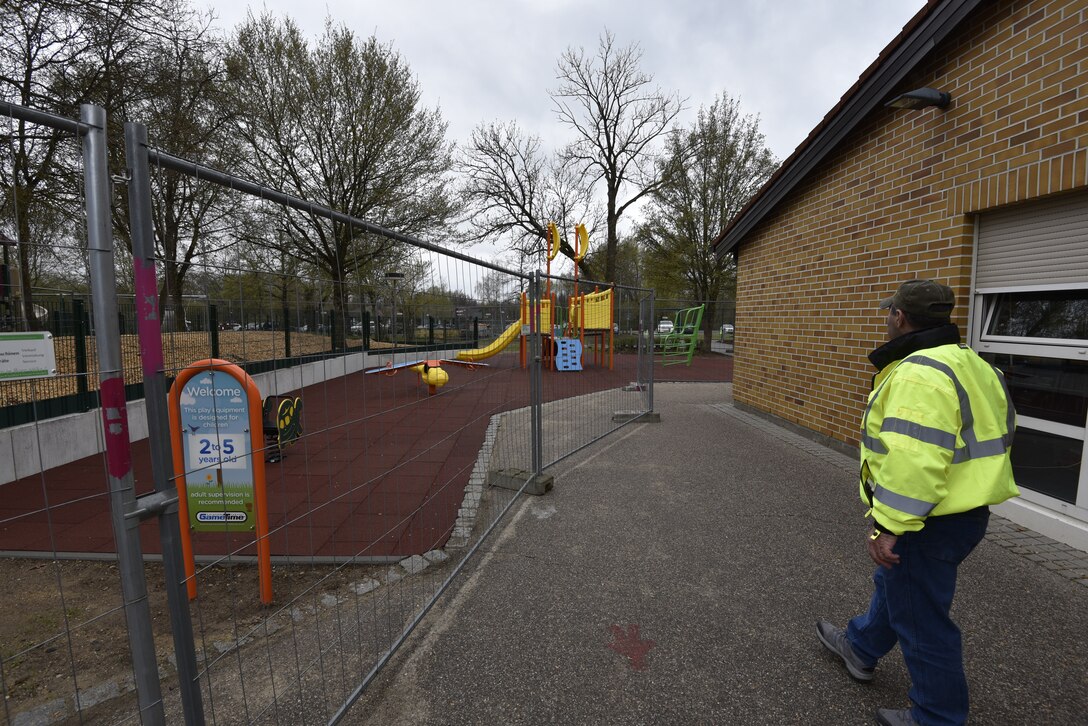 U.S. Army Corps of Engineers, Europe District Project Engineer John Taylor checks out a recently completed playground awaiting its final inspection May 6, 2021 at Vilseck Elementary School on Rose Barracks in Vilseck, Germany, which is part of U.S. Army Garrison Bavaria. The playground is one of three new replacement playgrounds for students of Soldiers and personnel stationed at Rose Barracks are part of a larger, long-term collaboration between the U.S. Army Corps of Engineers and the garrison to provide new and renovated family housing and other quality of life projects for personnel and their families stationed at Rose Barracks.