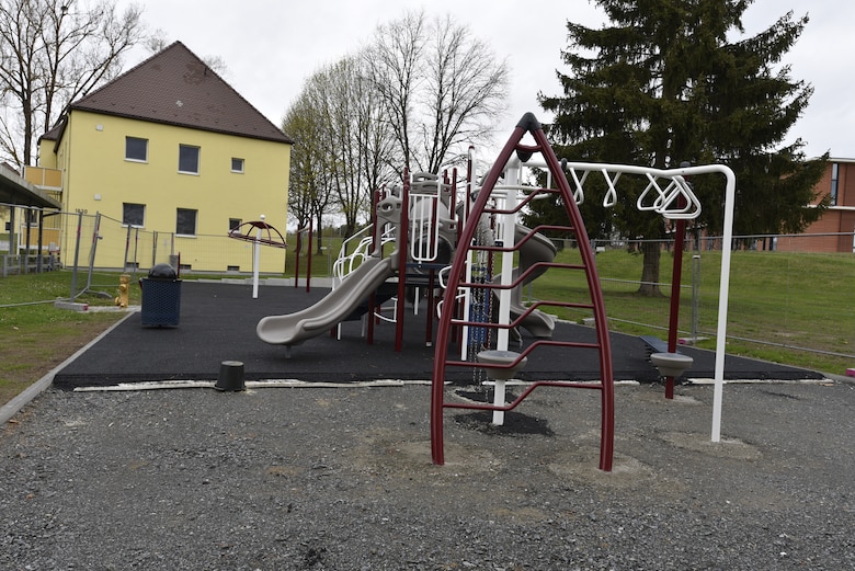 The U.S. Army Corps of Engineers, Europe District is finishing construction of a new playground, pictured here May 6, 2021, in the Langenbruck Housing Area on Rose Barracks in Vilseck, Germany, which is part of U.S. Army Garrison Bavaria. The playground is part of a larger, long-term collaboration between the U.S. Army Corps of Engineers and the garrison to provide quality of life projects, as well as new and renovated family housing, for Soldiers and their families stationed at Rose Barracks.