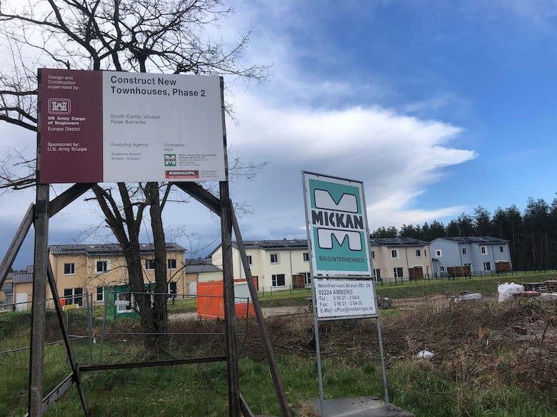 Recently completed family housing and nearly completed family housing can be seen here May 6, 2021 in the Kittenberg Housing Area on Rose Barracks in Vilseck, Germany, which is part of U.S. Army Garrison Bavaria. The U.S. Army Corps of Engineers is delivering 29 family homes and associated infrastructure as part of the second phase of a larger, long-term collaboration between the U.S. Army Corps of Engineers and the garrison to provide new and renovated family housing and other quality of life projects for Soldiers and their families at Rose Barracks. In the forefront, early site preparation can be seen where an additional up to 36 family homes are planned to be delivered as part of the third phase of the family housing effort.