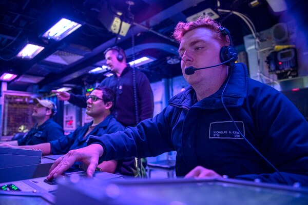Sailors conduct undersea warfare operations during routine underway operations aboard Arleigh Burke-class guided-missile destroyer USS Rafael Peralta (DDG 115). Rafael Peralta is assigned to Commander, Task Force 71/Destroyer Squadron (DESRON) 15, the Navy's largest forward-deployed DESRON and U.S. 7th Fleet's principal surface force.