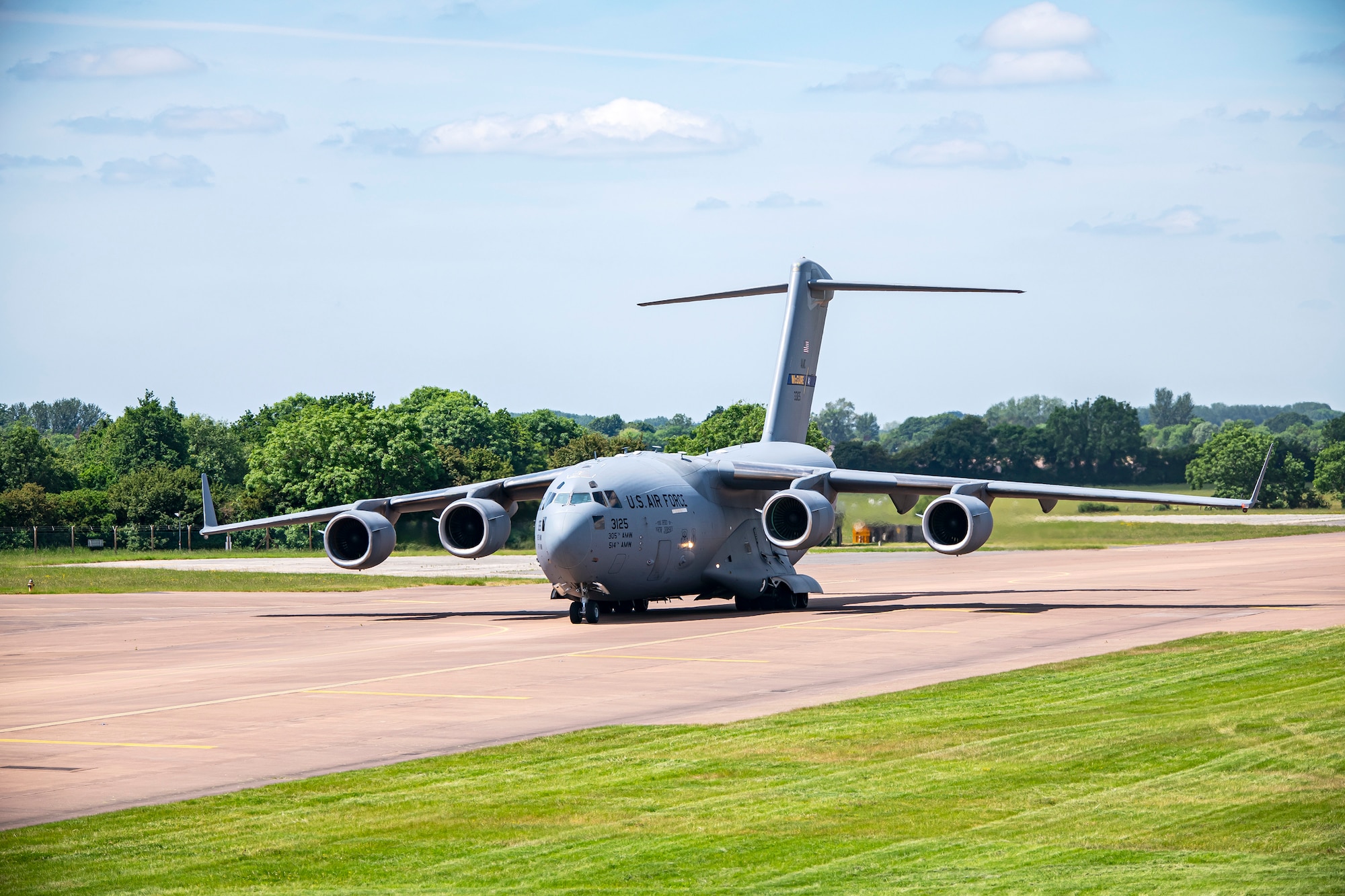 A C-17 Globemaster III taxis on the runway at RAF Fairford, England, June 14, 2021. Multiple C-17s arrived at Fairford in support of President Joe Biden’s visit to England for the G7 summit. (U.S. Air Force photo by Senior Airman Eugene Oliver)
