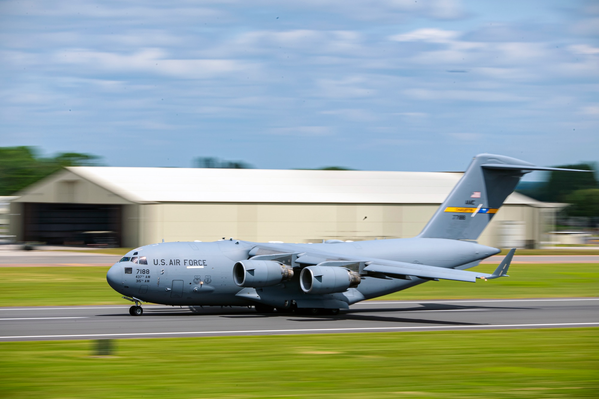 A C-17 Globemaster III taxis on the runway at RAF Fairford, England, June 14, 2021. Multiple C-17s arrived at Fairford in support of President Joe Biden’s visit to England for the G7 summit. (U.S. Air Force photo by Senior Airman Eugene Oliver)
