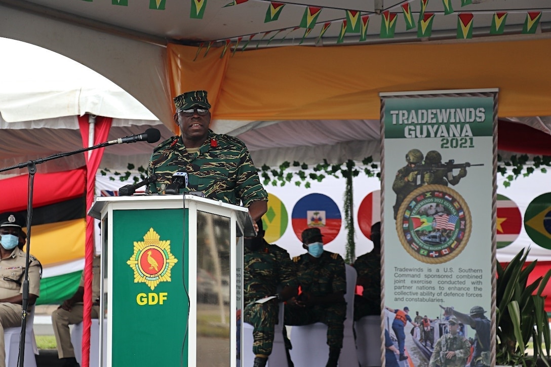 Brigadier George Bess, Guyana DefenCe Force Chief of Staff, addresses attendees during the opening ceremony for exercise Tradewinds 21.