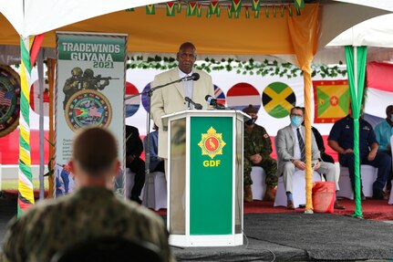 Retired Lt. Col Mr. Kevin Bostick, addresses a crowd during the opening ceremony of Tradewinds 2021.