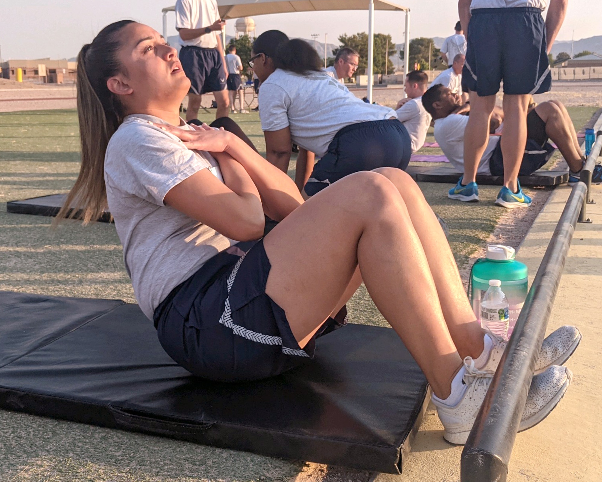 Master Sgt. Monique Farris, 926th Wing first sergeant, performs a diagnostic physical fitness test, June 15, at Nellis Air Force Base, Nevada. (U.S. Air Force photo by Dan Mena)