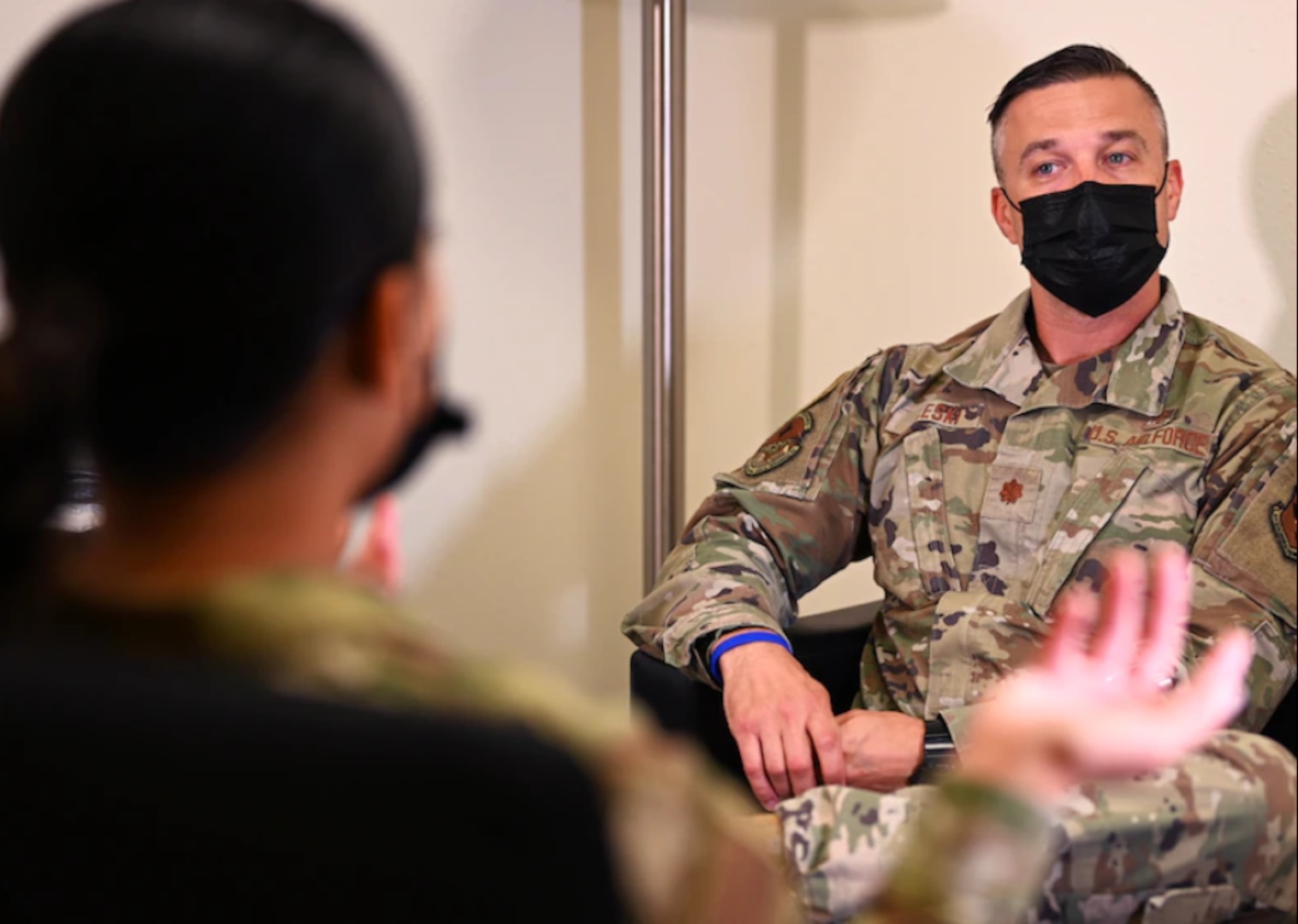 U.S. Air Force Maj. John Doleski discusses the importance of mental health treatment with a technician. Leadership plays a key role in eliminating the stigma around seeking mental health treatment within the Air Force. A new Air Force Materiel Command initiative aims to better equip leaders to support Airmen during times of crisis and need. (U.S. Air Force photo by Airman 1st Class Michael Bowman)