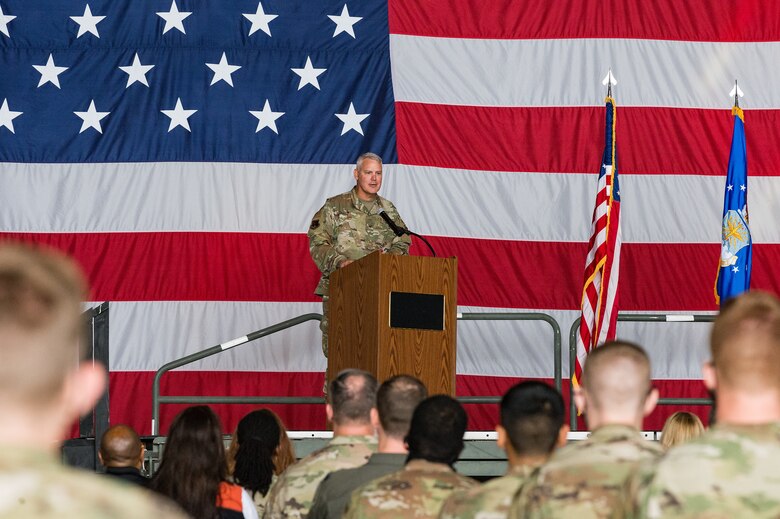 Col. Christopher May, 436th Maintenance Group commander, addresses family, guests, friends and Team Dover members, as he retires from the U.S. Air Force during a ceremony at Dover Air Force Base, Delaware, June 11, 2021. Retired Air Force Col. Norman Moore officiated the ceremony, which paid special tribute to May's distinguished career spanning 33 years of dedicated service to the nation. (U.S. Air Force photo by Roland Balik)