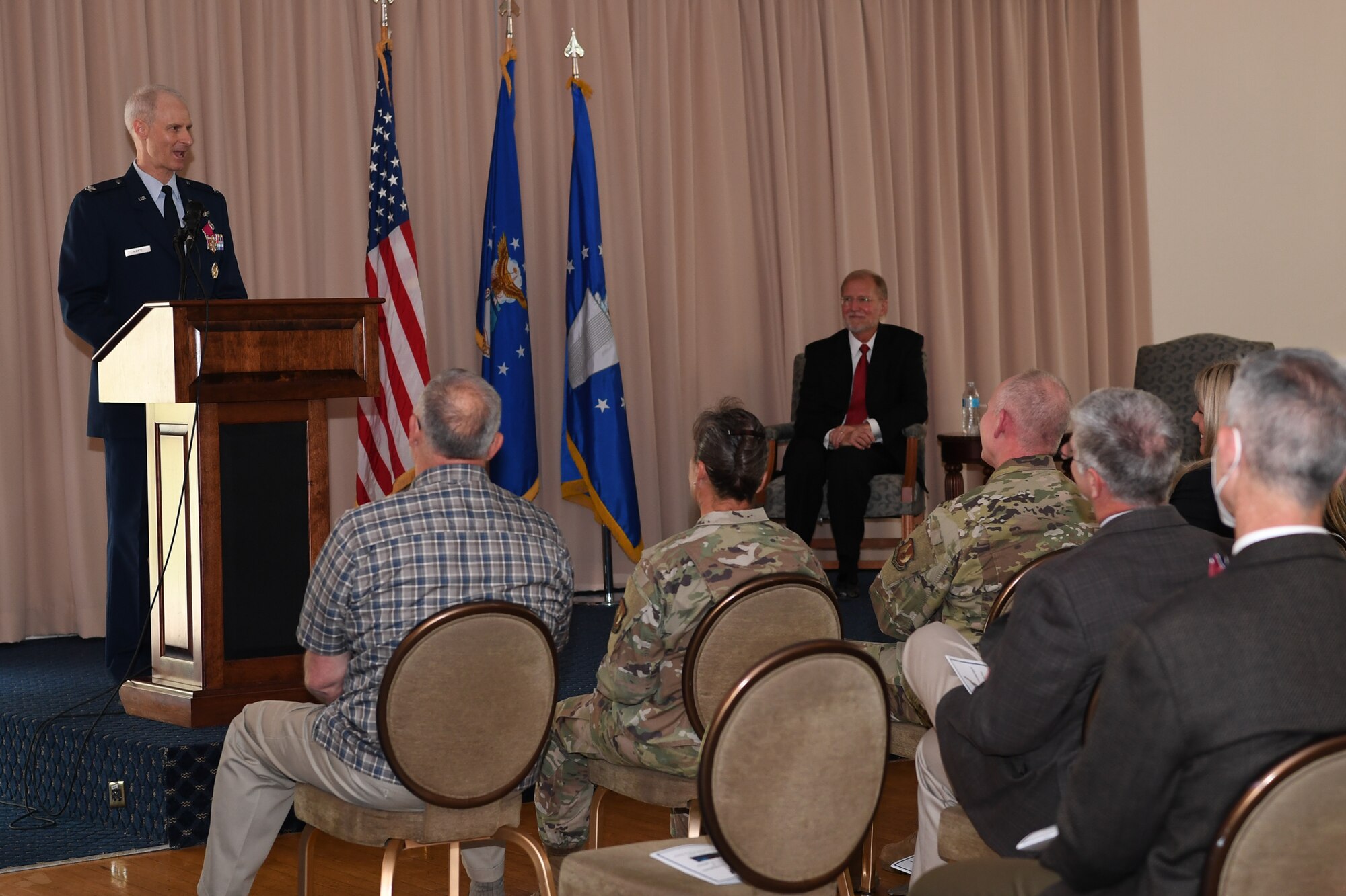 Col. Ryan Mantz speaks during his retirement ceremony at Hanscom Air Force Base, Mass. June 11. Mantz, who had been serving as deputy program executive officer for Digital since Aug. 2017, retired after 29 years of service.