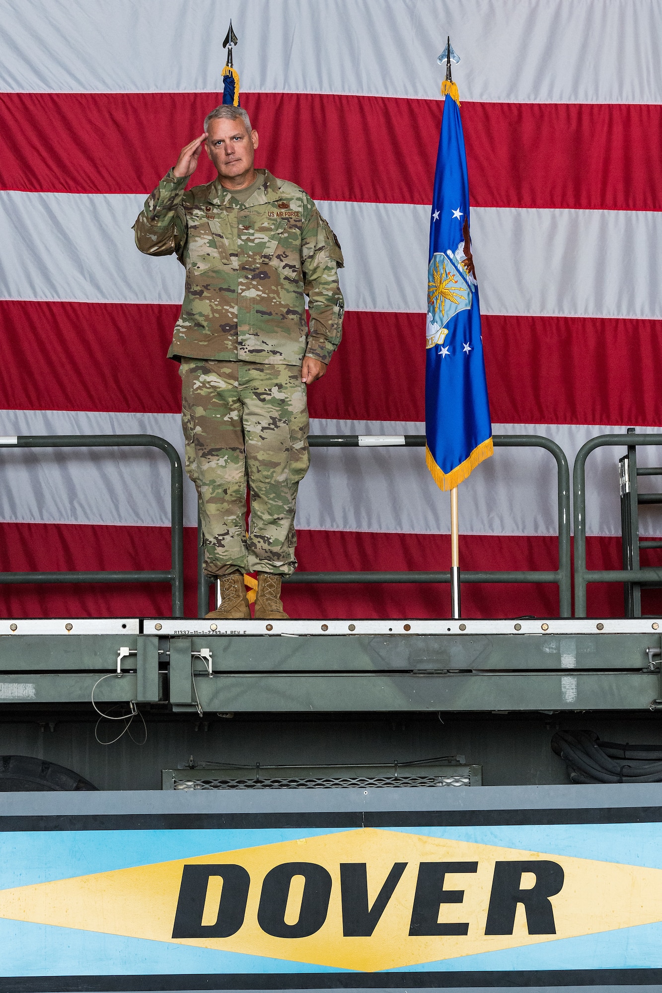 Col. Christopher May, 436th Maintenance Group commander, receives his final salute from a formation of Airmen during the 436th MXG Change of Command ceremony on Dover Air Force Base, Delaware, June 11, 2021. May relinquished command to Col. Bary Flack in a ceremony officiated by Col. Matt Husemann, 436th Airlift Wing commander. The 436th MXG supports the worldwide global mobility mission by providing trained maintenance specialists for two of the Air Force's cargo transport aircraft, the C-5M Super Galaxy and the C-17A Globemaster III. (U.S. Air Force photo by Roland Balik)