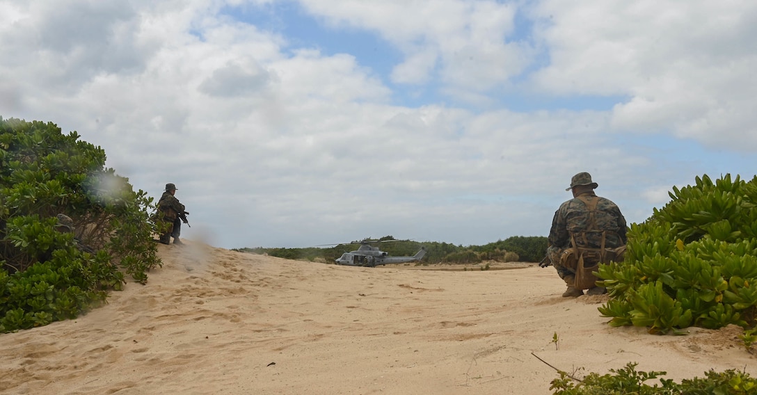 U.S. Marines with 3rd Battalion, 8th Marine Regiment, provide security during exercise Hagåtña Fury 21 on Ukibaru, Japan, Feb. 18, 2021. The exercise demonstrated that Marines are capable of seizing, defending, and providing expeditionary sustainment for key maritime terrain in support of the III Marine Expeditionary Force. 3/8 is attached to 3rd Marine Division as a part of the unit deployment program.