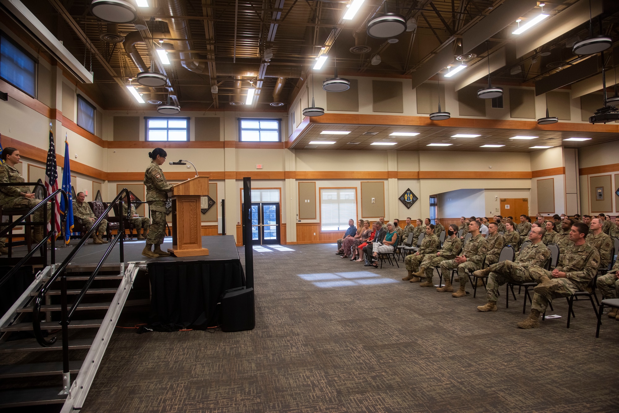 Lt. Col. Michelle Dimoff, 341st Operational Medical Readiness Squadron outgoing commander, addresses her squadron for the last time before relinquishing command during a change of command ceremony June 16, 2021 at Malmstrom Air Force Base, Mont.